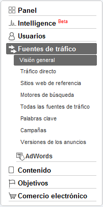 menu fuentes de tráfico Google Analytics